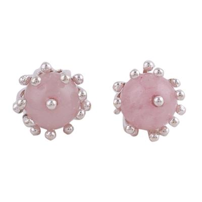 Rose quartz stud earrings, 'Rose Grace' - Rose Quartz and Sterling Silver Stud Earrings from India