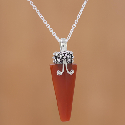 Onyx pendant necklace, 'Crystal of Power in Red' - Red Onyx and Sterling Silver Pendant Necklace from India