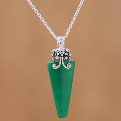 Onyx pendant necklace, 'Crystal of Power in Green' - Green Onyx and Sterling Silver Pendant Necklace from India