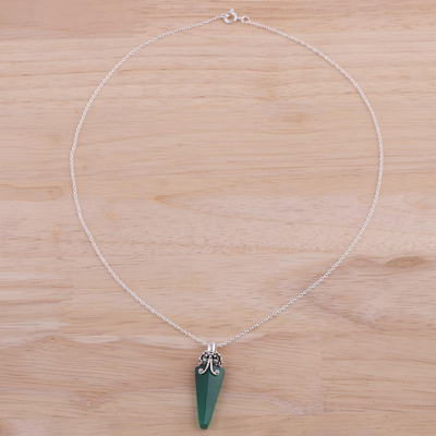 Onyx pendant necklace, 'Crystal of Power in Green' - Green Onyx and Sterling Silver Pendant Necklace from India