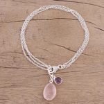 Rose quartz and amethyst charm bracelet, 'Twinkling Harmony' - Rose Quartz and Amethyst Charm Bracelet from India