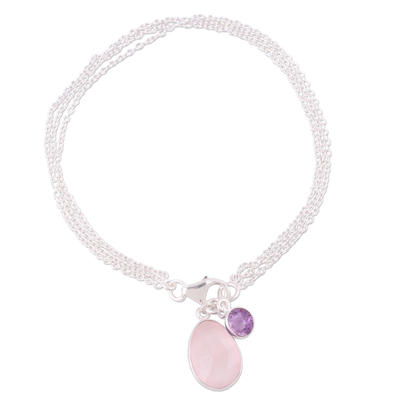 Rose Quartz and Amethyst Charm Jewelry Bracelet from India