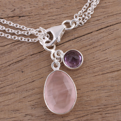 Rose quartz and amethyst charm bracelet, 'Twinkling Harmony' - Rose Quartz and Amethyst Charm Bracelet from India