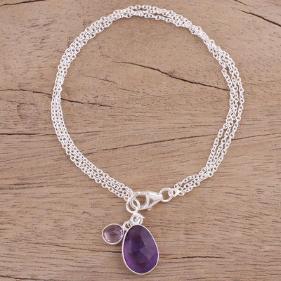 Amethyst charm bracelet, 'Twinkling Harmony' - Amethyst and Sterling Silver Charm Bracelet from India