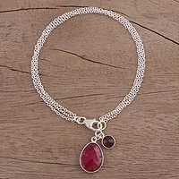 Ruby and garnet charm bracelet, 'Twinkling Harmony' - Ruby and Garnet Sterling Silver Charm Bracelet from India