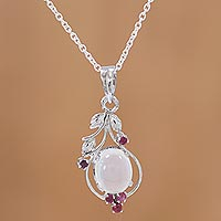 Ruby and moonstone pendant necklace, 'Moonlight Enchantment' - Ruby and Moonstone Sterling Silver Pendant Necklace