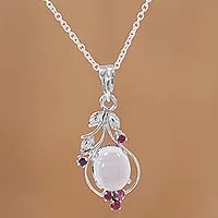 Ruby and moonstone pendant necklace, 'Moonlight Enchantment' - Ruby and Moonstone Sterling Silver Pendant Necklace