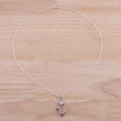 Ruby and moonstone pendant necklace, 'Moonlight Enchantment' - Ruby and Moonstone Sterling Silver Pendant Necklace