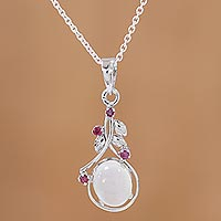 Ruby and moonstone pendant necklace, 'Moonlight Divinity' - Sterling Silver Ruby and Moonstone Pendant Necklace