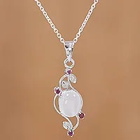 Ruby and moonstone pendant necklace, 'Moonlight Revel' - Moonstone and Ruby Sterling Silver Pendant Necklace