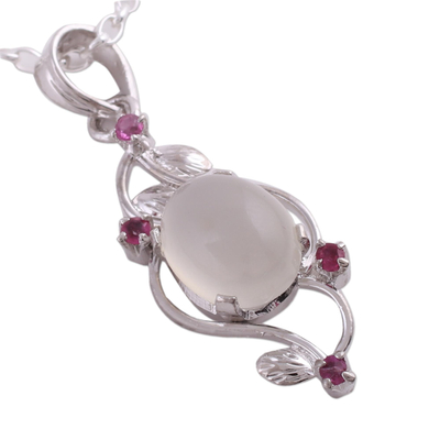 Ruby and moonstone pendant necklace, 'Moonlight Revel' - Moonstone and Ruby Sterling Silver Pendant Necklace