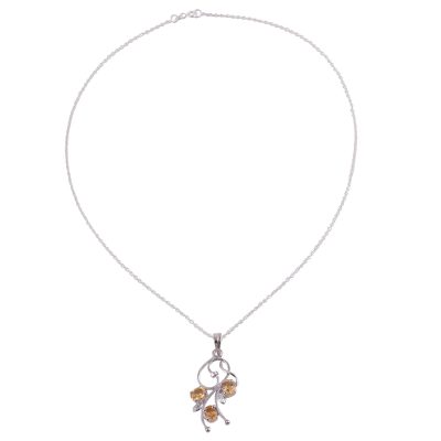 Rhodium plated citrine pendant necklace, 'Prosperous Sparkle' - Rhodium Plated 925 Silver Citrine Leaf Necklace from India