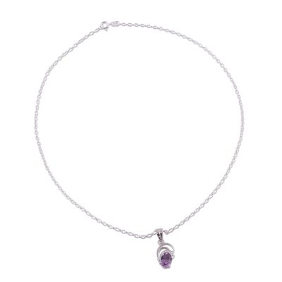 Rhodium plated amethyst pendant necklace, 'Sparkling Curves' - Rhodium Plated Amethyst Sparkling Necklace from India
