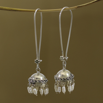 Pendientes colgantes de perlas cultivadas - Pendientes colgantes Jhumki de plata de ley y perlas cultivadas