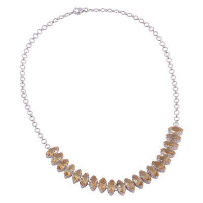 Rhodium plated citrine pendant necklace, 'Warm Sparkle' - Rhodium Plated Citrine Pendant Necklace Crafted in India