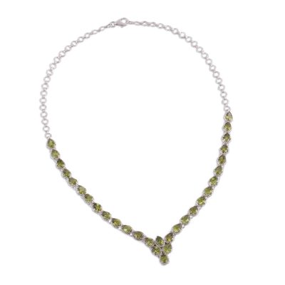 Rhodium plated peridot pendant necklace, 'Glamorous Drops' - Rhodium Plated Peridot Pendant Necklace from India