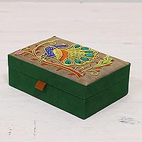 Cotton jewelry box, 'Peacock Strut' - Beaded Peacock Cotton Jewelry Box in Wheat from India