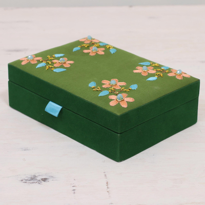 Cotton jewelry box, 'Floral Touch' - Beaded Cotton Jewelry Box in Olive and Viridian from India