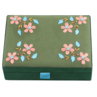 Cotton jewelry box, 'Floral Touch' - Beaded Cotton Jewelry Box in Olive and Viridian from India