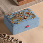 Embroidered jewelry box, 'Golden Floral Dance' - Floral Embroidered Jewelry Box in Sky Blue from India