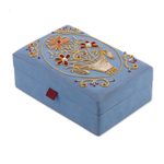Embroidered jewelry box, 'Golden Floral Dance' - Floral Embroidered Jewelry Box in Sky Blue from India