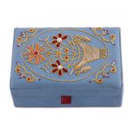 Embroidered jewelry box, 'Golden Floral Dance' - Floral Embroidered Jewelry Box in Sky Blue from India