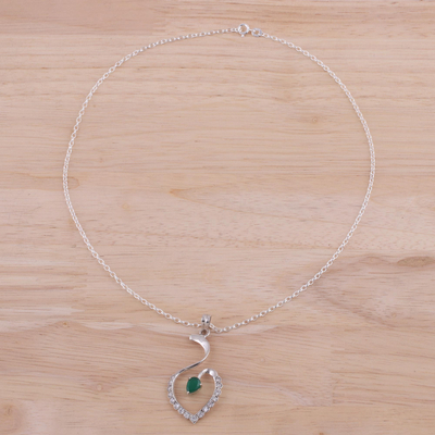 Rhodium plated onyx pendant necklace, 'Heart Curves' - Rhodium Plated Onyx Heart Pendant Necklace from India