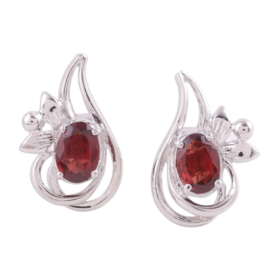 Rhodium Plated Garnet Paisley-Shaped Earrings from India