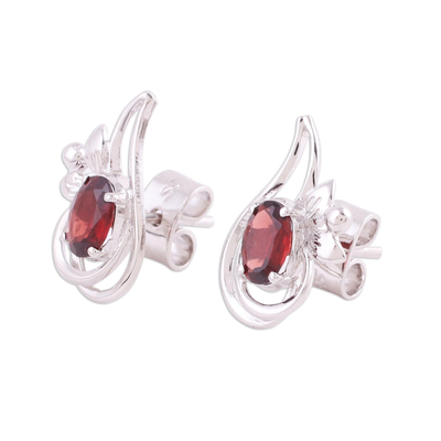 Rhodium plated garnet button earrings, 'Classic Paisley' - Rhodium Plated Garnet Paisley-Shaped Earrings from India