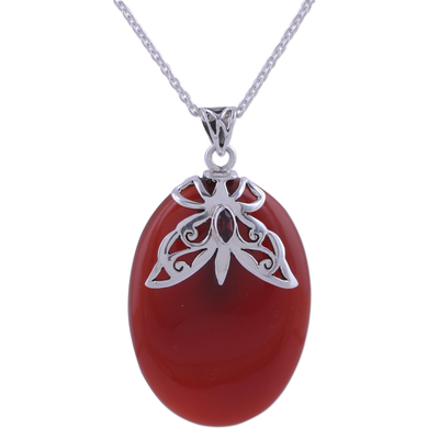 Carnelian and garnet pendant necklace, 'Brilliant Butterfly' - Carnelian and Garnet Sterling Silver Pendant Necklace