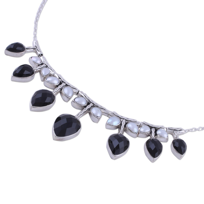 Cultured pearl and onyx waterfall necklace, 'Monochrome Bouquet' - Cultured Pearl and Onyx Sterling Silver Waterfall Necklace