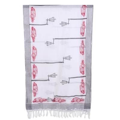 Cotton scarf, 'A Busy Street' - Printed Cotton Scarf with Automobiles from India