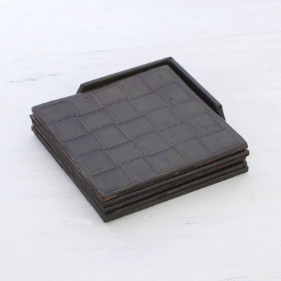 Leather coasters, 'Dark Labrynth' (set of 4) - Set of Four Handcrafted Leather Coasters from India