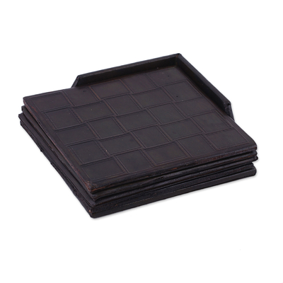 Set of Four Handcrafted Leather Coasters from India