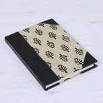 Leather accent cotton journal, 'Leaves of Delhi' - Handcrafted Tree Motif Leather Journal from India