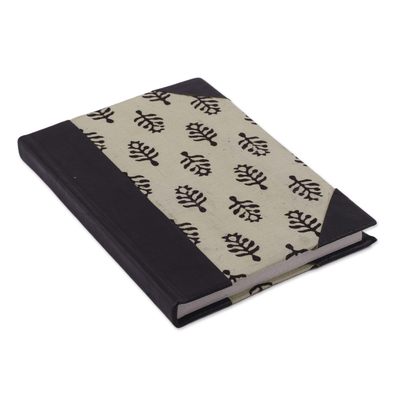 Leather accent cotton journal, 'Leaves of Delhi' - Handcrafted Tree Motif Leather Journal from India