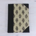 Leather accent cotton journal, 'Leaves of Delhi' - Handcrafted Tree Motif Leather Journal from India