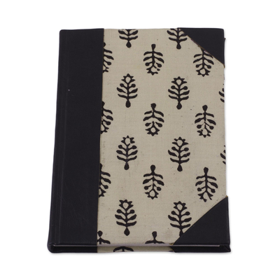 Leather accent cotton journal, 'Leaves of Delhi' - Handcrafted Tree Motif Leather Journal from India