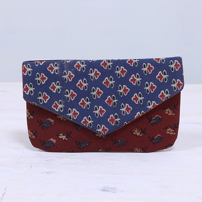 Cotton clutch, 'Flowery Rainfall' - Printed Floral Cotton Clutch in Azure and Russet from India