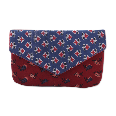 Printed Floral Cotton Clutch in Azure and Russet from India