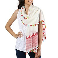 Cotton shawl, 'Pop of Color' - Loom Woven 100% Cotton White and Red Shawl from India