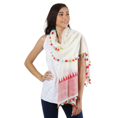 Mantón de algodón - Mantón blanco y rojo tejido en telar 100% algodón de la India