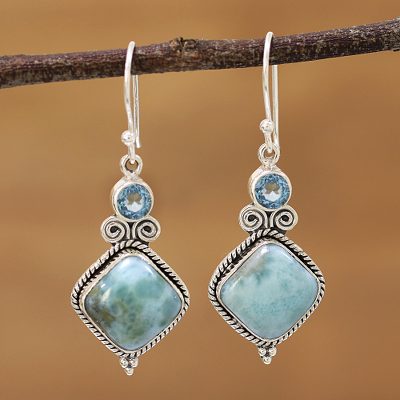 Blaue Topas- und Larimar-Ohrhänger - Ohrhänger aus Sterlingsilber mit blauem Topas und Larimar