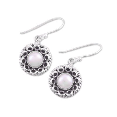 Cultured pearl dangle earrings, 'Delhi Moonlight' - Cultured Pearl Sterling Silver Dangle Earrings from India