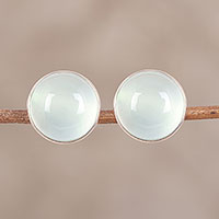 Chalcedony button earrings, 'Moonlight Peace' - Aqua Chalcedony Round Button Earrings from India