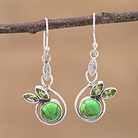Peridot dangle earrings, 'Spring Beauty' - Peridot and Composite Turquoise Dangle Earrings from India