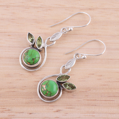 Peridot dangle earrings, 'Spring Beauty' - Peridot and Composite Turquoise Dangle Earrings from India