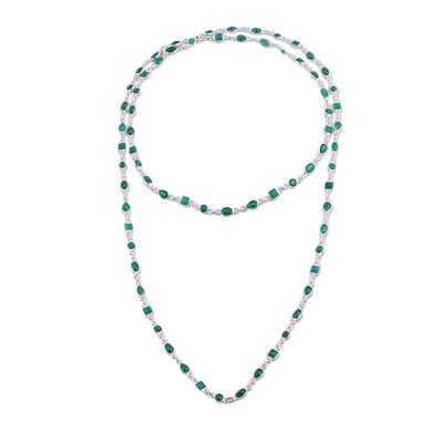 Onyx long link necklace, 'Delightful Gleam' - Green Onyx and Sterling Silver Link Necklace from India