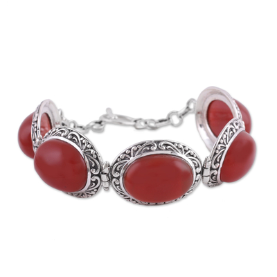 Onyx link bracelet, 'Fiery Bliss' - Fiery Red Onyx and Sterling Silver Link Bracelet from India
