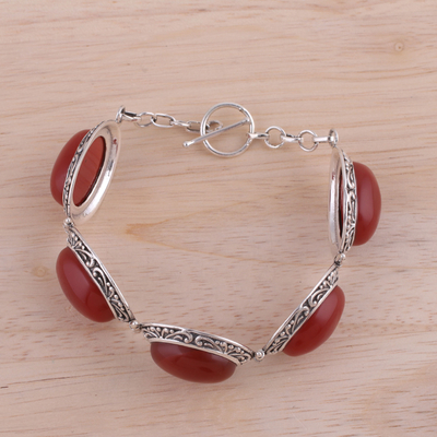Onyx-Gliederarmband, 'Fiery Bliss - Feuriges rotes Onyx- und Sterlingsilber-Gliederarmband aus Indien